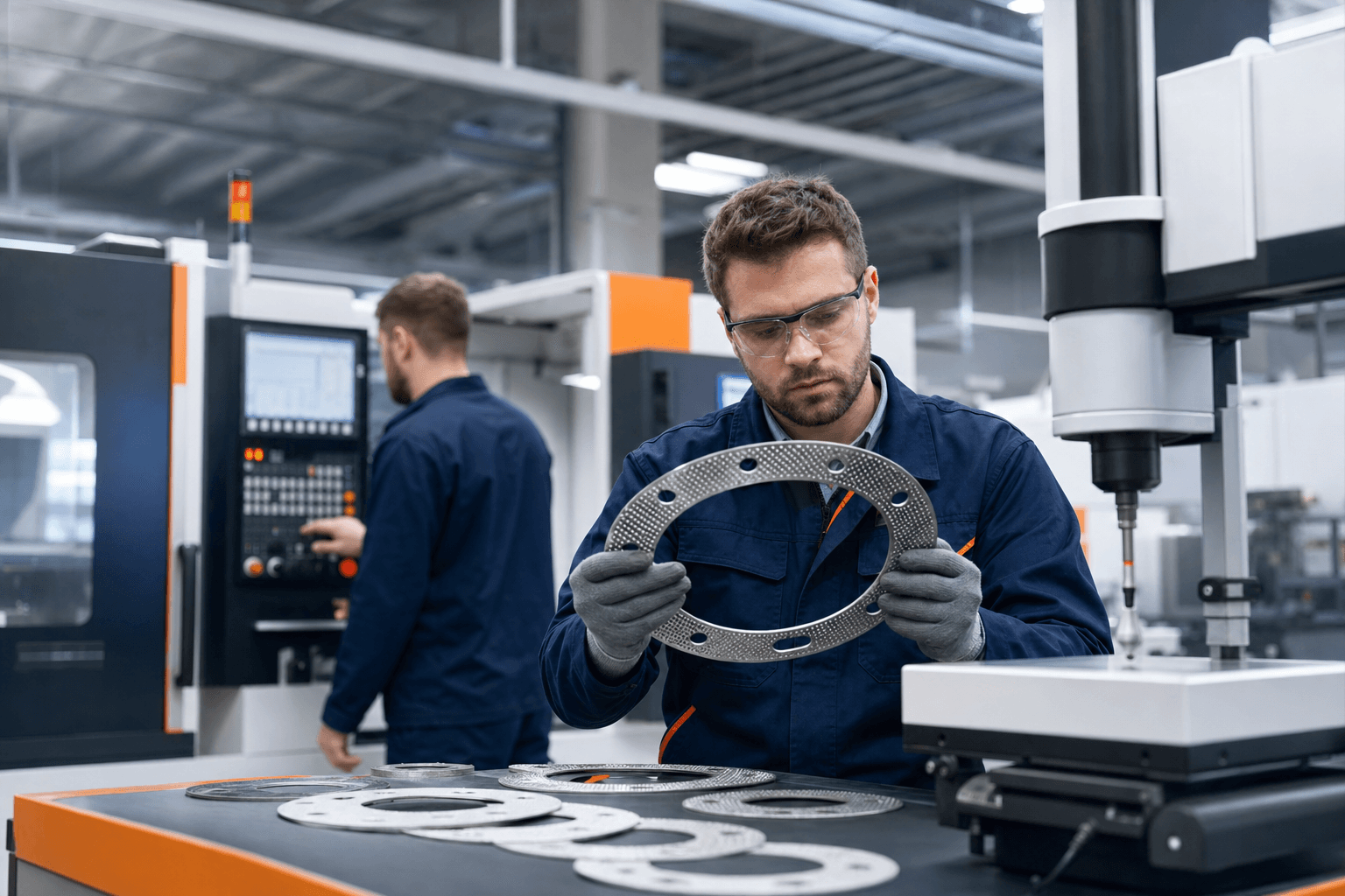 Quality inspection of precision-machined gaskets at the Kemicon manufacturing facility in Ahmedabad