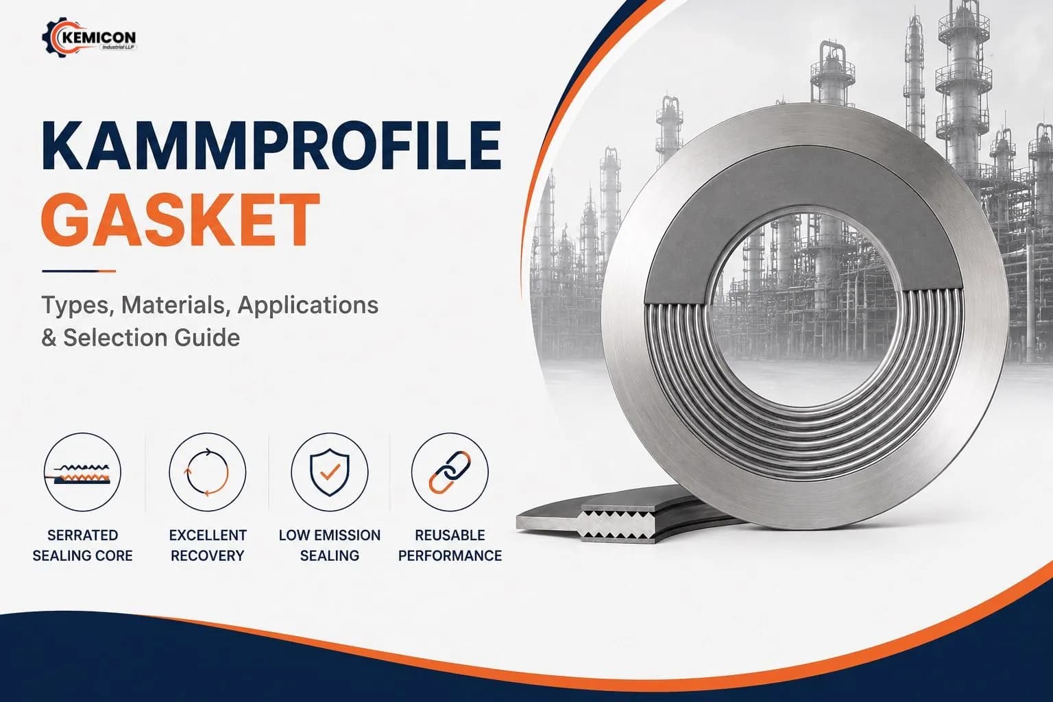 Kammprofile gasket with serrated grooved metal core and graphite facing for heat exchanger service